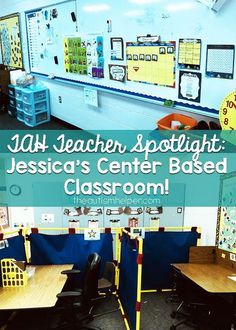 a classroom with desks and chairs in front of a bulletin board that says, j4h teacher spotlight jesus's center based classroom