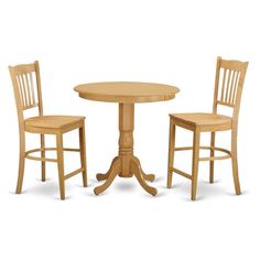 a small wooden table and two chairs with one chair up against the other, in front of a white background