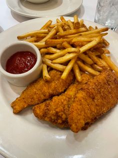 fried chicken and french fries on a plate with ketchup