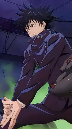 an anime character with black hair and blue eyes, in a dark colored suit sitting on the ground