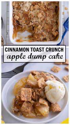 cinnamon toast crunch apple dump cake on a plate with ice cream in the middle and an image of apples