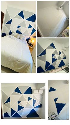 four different pictures of a bed with blue and white triangles painted on the wall next to it