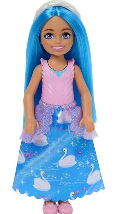 a doll with blue hair wearing a pink dress and swan skirt, standing on a white background