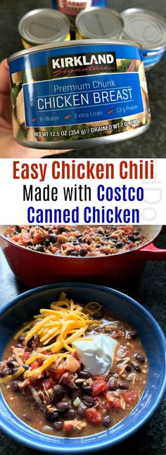 easy chicken chili made with costco canned in the slow cooker and ready to be eaten