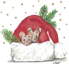 two mouses in a santa hat peeking out from behind a white blanket with pine branches