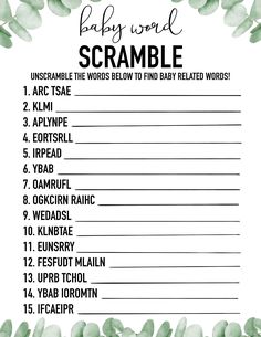 the baby word scramble is shown with green leaves