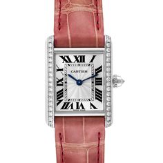 Cartier Tank Louis White Gold Diamond Pink Strap Ladies Watch WJTA0011 Box Papers. Manual winding movement. 18k white gold case 29.5 x 22.0 mm. Circular grained crown set with diamond. Original Cartier factory diamond bezel. Scratch resistant sapphire crystal. Silver guilloche dial with black roman numerals. Sword shaped blue hands. Secret Cartier signature at X. Pink leather strap with 18K white gold deployant buckle. Cartier Tank Louis, Paper Diamond, Modern Watches, Box Paper, Cartier Tank, Cartier Watch, Gold Case, Pink Bracelet, Bezel Diamond