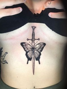 Butterfly Dagger Tattoo, Sternum Tattoo Women, Tattoo Papillon, Sewing Tattoos, Knife Tattoo, Small Girl Tattoos, Dagger Tattoo, Tattoo Women, Sternum Tattoo