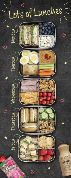 a lunch box filled with lots of lunches and drinks on top of a chalkboard