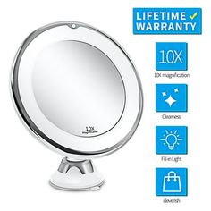 an image of a round mirror on top of a white stand with the words life time warrant