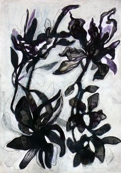 an abstract painting with black flowers on a white background