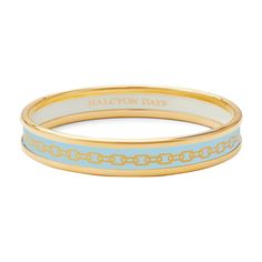 Crafted from brass and plated in 18ct gold, this 6mm skinny bangle features contemporary chain design with forget-me-not enamel base.  It slides easily over the wrist which can be stacked in style or worn on its own - a perfect piece for day to night accessorising. Simple Jewellery Designs, Christmas Robin, Enamel Bangle, Bespoke Gifts, Bangles Style, Chain Design, Gold Bangle, Navy Gold, Hinged Bangle