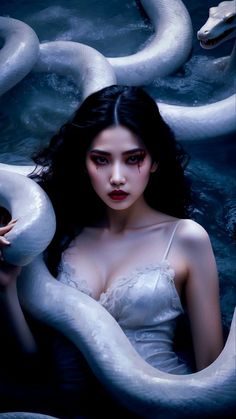 a woman with long black hair holding a white snake