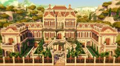 an artistic rendering of a large mansion in the middle of a forest with trees and bushes