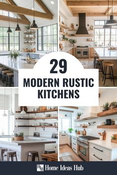 modern rustic kitchen with wooden shelves and counter tops, including an island in the middle