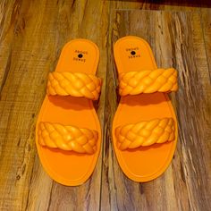 Orange Braided Strap Sandals. Plastic Material Perfect For The Pool Or Beach. Never Worn Cheap Orange Slippers For Summer, Cheap Yellow Wedge Sandals For The Beach, Shoes Orange, Shades For Women, Braided Strap, Plastic Material, The Pool, Strap Sandals, Color Orange