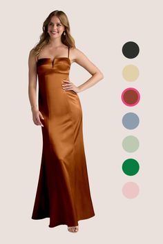 Shimmer and shine in our metallic satin dress, Kimmie, a dazzling statement piece for any occasion. She features a flattering V-neckline, adjustable spaghetti straps, and a sheath skirt. Whether you're a bridesmaid or attending a formal event, this dress is sure to turn heads and make you feel like the star of the show. Copper Bridesmaid Dress, Copper Bridesmaid, Copper Bridesmaid Dresses, Sheath Skirt, Shimmer And Shine, Satin Bridesmaid Dresses, Shimmer N Shine, Desert Rose, Color Swatch