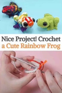 the cover of a book with crocheted animals on it and text that reads nice project crochet a cute rainbow frog