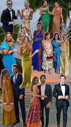 a collage of people dressed in different styles and colors, with palm trees behind them