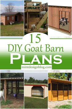 the cover of 15 diy goat barn plans is shown with pictures of horses in their pen