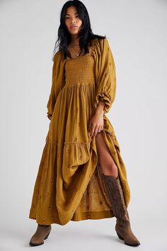 Romantic, Flowy, Mustard Yellow Maxi Dress from Free People Long Sleeve Tiered Dress, Terracotta Wedding Guest Dress, Long Sleeve Boho Maxi Dress, Spring Midi Dress, Fall Family Photo Outfits, Midi Dress Fall, Family Pic, Floral Dress Casual, Mode Boho