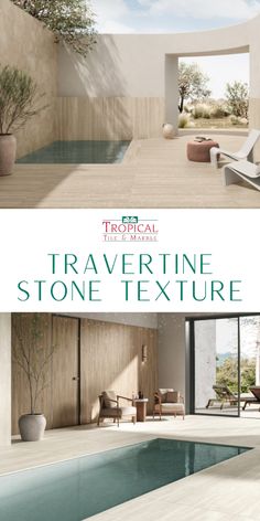 the cover of traverine stone texture magazine, featuring an outdoor pool and lounge chairs