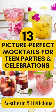 I've rounded up 13 of the most aesthetic delicious mocktails that are perfect to make for teen parties and celebrations. These are alcohol-free versions of cocktail classics for sober Gen Z teens who want to have sophisticated drinks but don't want to drink alcohol or are too young to drink alcohol. These are virgin versions of classic cocktails including mocktail maragarita, alcohol-free martini, virgin mojito, fruit cocktails, easy to make, fun to drink, teen party drinks, teen party planning Aesthetic Mocktails, Drinks Without Alcohol, Virgin Cocktail Recipes, Cocktail Classics, Easy Party Drinks, Mocktail Party, Easy Mocktails