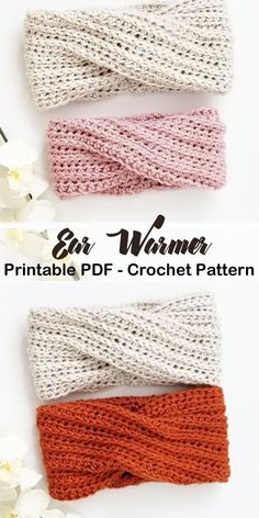 three crochet headbands with text that reads, easy warmer printable pattern