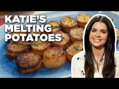 a blue plate topped with potatoes next to a woman's face and the words kate's melting potatoes