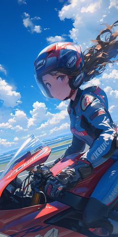 a woman riding on the back of a red motorcycle in front of a blue sky