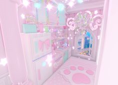 a pink and white room with lots of lights on the ceiling, teddy bear rugs