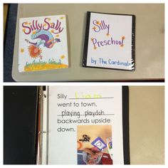 two pages in a binder with pictures and words on them, one is for silly preschool