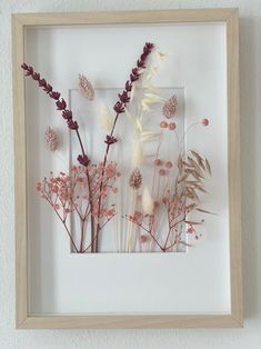 dried flowers are displayed in a wooden frame