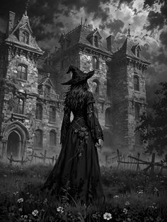 a black and white photo of a woman in front of a castle with her hat on