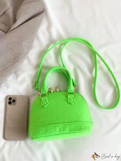 BirdinBag - Neon Green Mini Dome Bag with Snakeskin Embossed Design Dome Bag, Embossed Design, Bag Bag, Neon Green, Emboss, Polyester Material, Snake Skin, Neon, Zipper