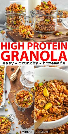 High Protein Granola, three photo collage with text showing protein granola recipe in jars, high protein granola recipe aerial view, and protein granola recipe in bowl with Greek yogurt. High Protein Granola Recipe, Crock Pot Oatmeal, Baked Pancake Recipe, Protein Granola Recipe, French Toast Casseroles, High Protein Granola, Crockpot Oatmeal, Protein Granola, Recipes Crock Pot