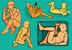 four different poses of people sitting and laying on the ground, one with a cell phone in his hand