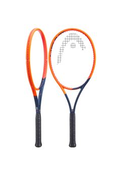 two tennis racquets that are both orange and blue