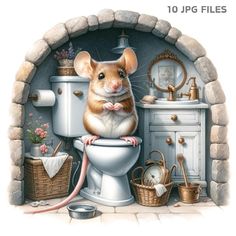 a mouse sitting on top of a toilet in front of a stone wall and sink