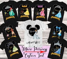 disney princess and mickey mouse shirts with their names