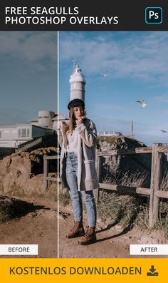 a woman standing in front of a lighthouse with the caption free seagulls photoshop overlays