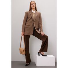 Brown plaid knit (43% Cotton, 40% Wool, 14% Polyamide, 3% Other Fiber). Lining (Body lining: 100% Viscose. Sleeve lining: 52% Viscose, 48% aAetate). Blazer. Long sleeves. Collar.  Front button closure. 29.5" from shoulder to hemline. Imported. Elegant Plaid Outerwear For Business Casual, Classic Brown Outerwear For Office, Classic Brown Office Wear Outerwear, Elegant Plaid Outerwear For Office, Timeless Plaid Blazer For Work, Chic Plaid Wool Blazer, Timeless Plaid Outerwear For Work, Timeless Winter Outerwear For Office, Chic Plaid Workwear Outerwear