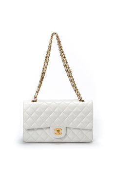 Chanel Classic Flap Bag White, Channel White Bag, Bags With White Background, Off White Handbag, Chanel Flap Bag White, Chanel White Bag, Gold Chanel Bag, Chanel Classic Bag, White Chanel Bag