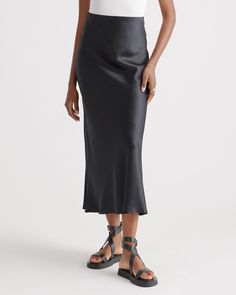 Elevate your wardrobe with our gorgeously drapey 100% Washable Silk Maxi Skirt, a stunning piece that looks effortless but feels incredibly comfortable. Crafted from best-in-class mulberry silk, this luxurious skirt has the same timeless silhouette as our beloved 100% Washable Silk Skirt, just in a longer maxi length. This must-have style is practical too: you can wash it, and the 100% silk fibers naturally nourish your skin and hair.  | Quince | Women's Maxi Skirt in Black, Size Large, Silk Classy Christmas Outfit, Black Silk Skirt, Silk Maxi Skirt, Awesome Blouse, Womens Maxi Skirts, Satin Midi Skirt, Silk Maxi, Quiet Luxury, Silk Skirt