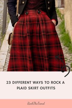 Woman wearing a red plaid skirt next to text overlay "23 Different Ways to Rock a Plaid Skirt Outfits". Checked Skirt Outfit, Red Tartan Skirt, Yellow Plaid Skirt, Red Skirt Outfits, White Cami Tops, Skirt Aesthetic, Plaid Skirt Outfit, Red Plaid Skirt, Long Jumpers