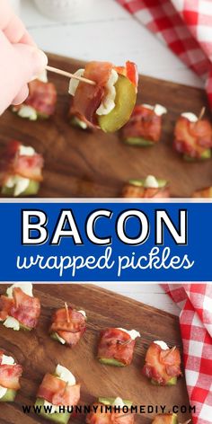 bacon wrapped pickles with toothpicks on a wooden cutting board next to a red and white checkered table cloth