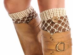 "Take these stylish Diamond pattern crochet boot cuffs made of a very soft merino yarn with the vintage wooden button touch. Pick your color from the drop-down menu. Wrap you legs in the wool comfort of our merino wool leg warmers. These hand knit boot toppers will be your new favorite this winter! ✓ Gift packaged. ✓ Made in a smoke free home. Choose your size on drop down menu when ordering. Size options below: **Cuffs have about a 2\" stretch allowance** XS-S - 11-12\" calf circumference S-M - Brown Knitted Socks For Fall, Fall Season Crochet Leg Warmers, Handmade Brown Winter Boots, Crochet Boot Cuffs Free Pattern, Boot Cuffs Crochet, Winter Leg Warmers, Red High Heel Boots, Boot Cuff Pattern, Wool Leg Warmers