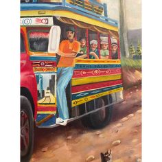 a painting of a bus with people on it and a cat in the foreground