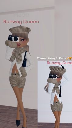 two different pictures of a woman in a dress and hat, with the caption runaway queen