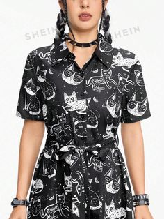 ROMWE Goth Sun, Moon, Stars & Cat Print Women's Shirt Dress Spooky Black Summer Top, Witchy Black Party Top, Casual Short Sleeve Halloween Dress, Dress School, Sun Moon Stars, Dress Shirts For Women, Moon Stars, Dress For Short Women, Dress For Sale